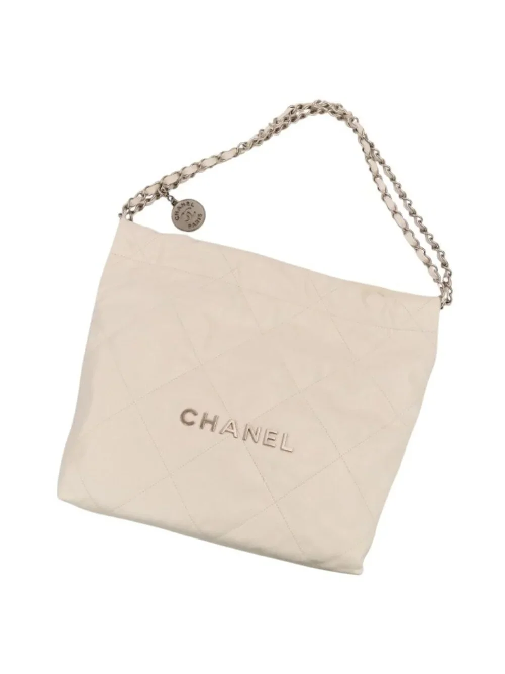 Chanel 22 Chain CC Logo Leather Shoulder Bag White Antique Silver